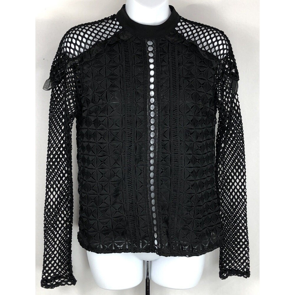 Ina mock neck top XS bk mesh crochet cut out geo textured Ruffles gothic punk